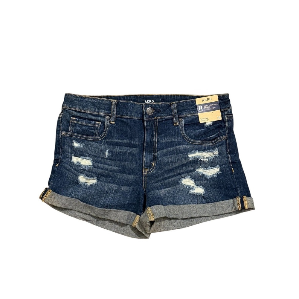Aeropostale Low Rise Midi Distressed Denim Shorts Dark Wash Women's Size 14 NWT